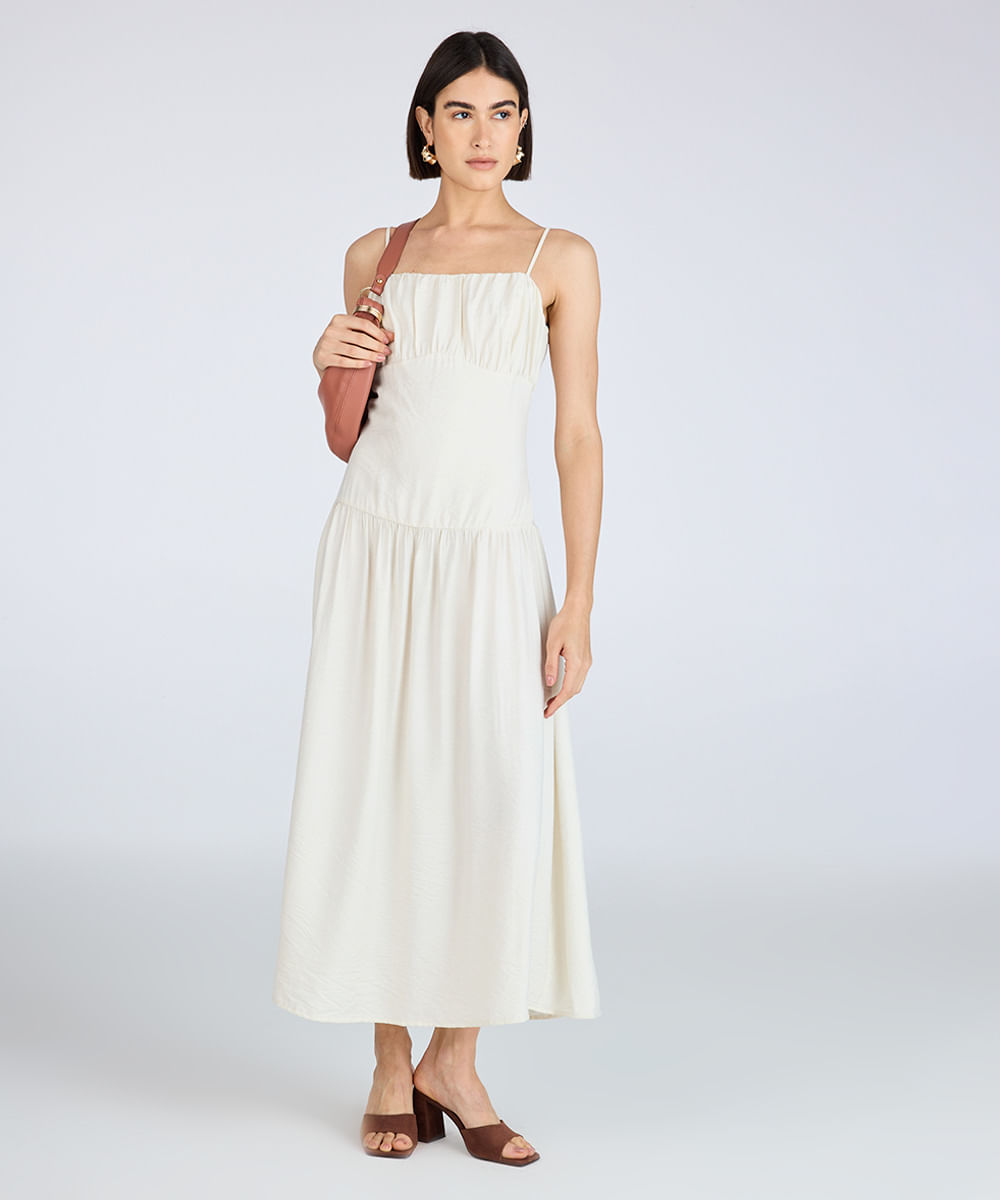 vestido midi feminino alça fina com recorte franzido bege