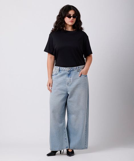 calça reta feminina jeans mindset plus size azul