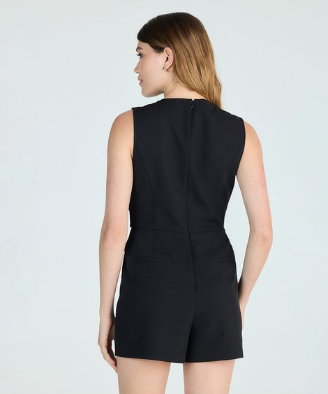 macaquinho feminino de alfaiataria com cinto floral preto