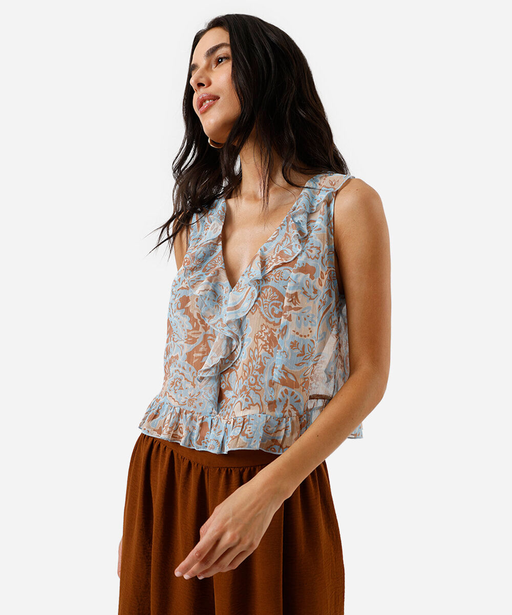 blusa feminina com lurex e babados floral colorida