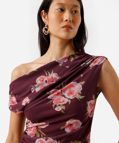 blusa assimétrica feminina de tule floral franzida roxa