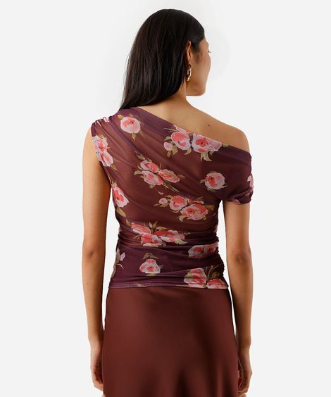 blusa assimétrica feminina de tule floral franzida roxa