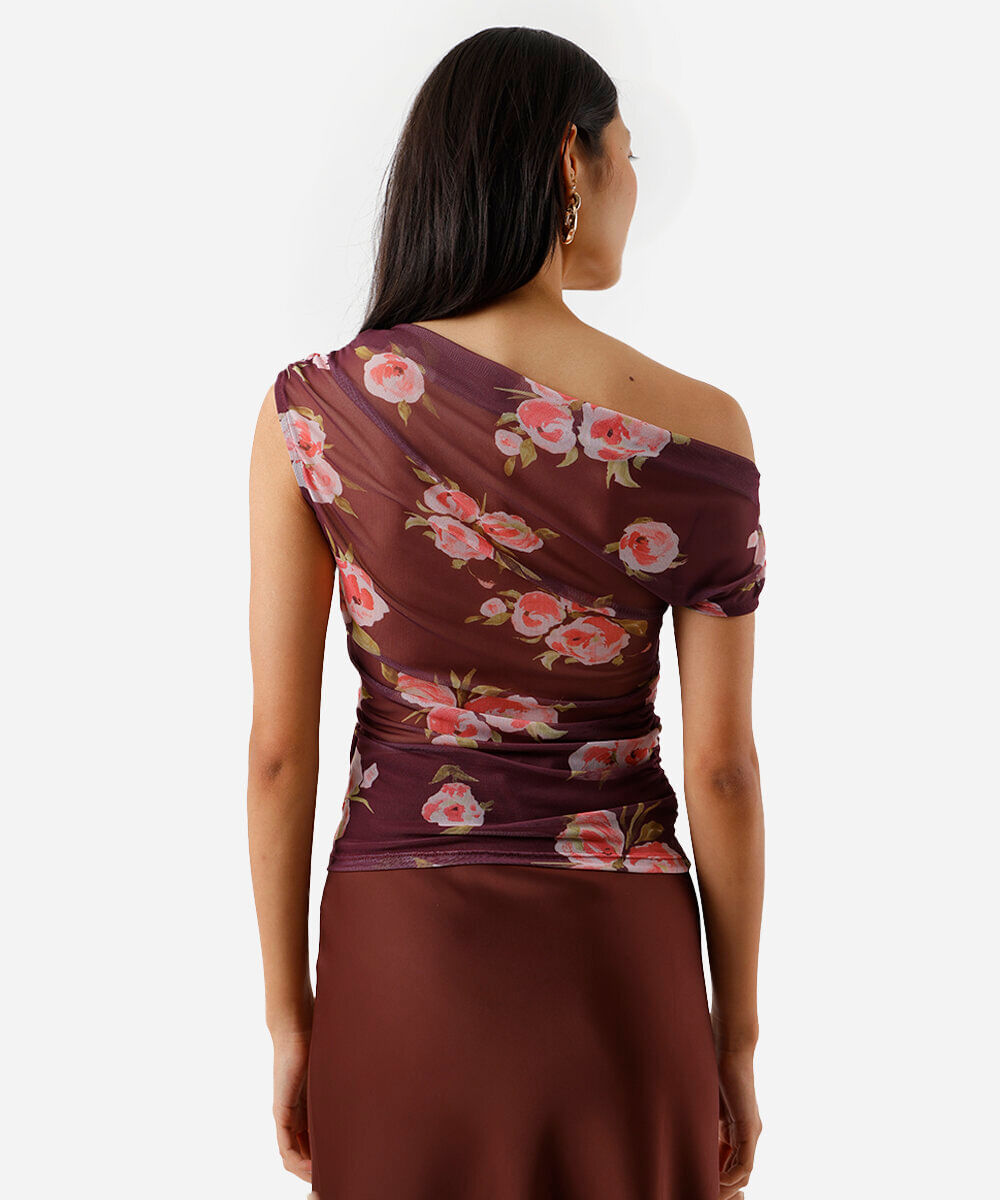 blusa assimétrica feminina de tule floral franzida roxa