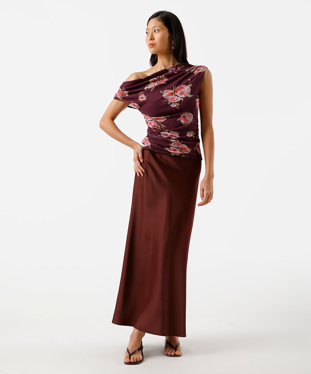 blusa assimétrica feminina de tule floral franzida roxa