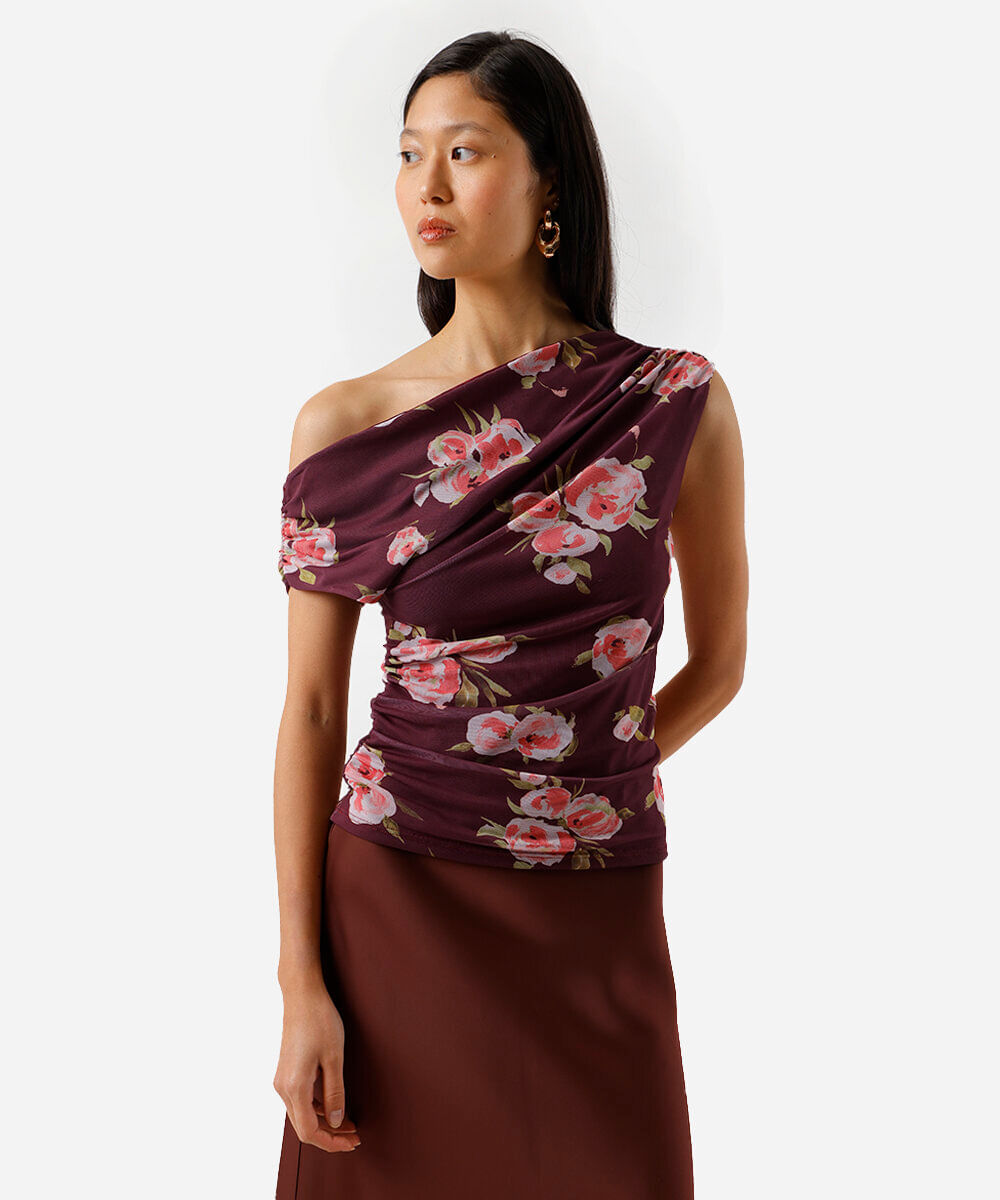 blusa assimétrica feminina de tule floral franzida roxa