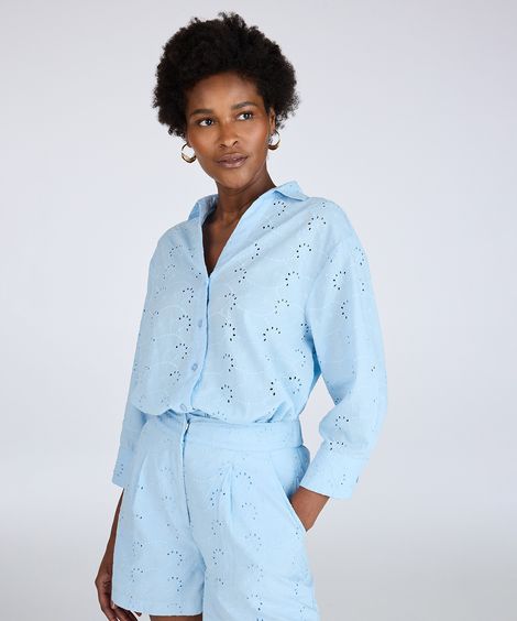 camisa feminina de laise manga longa azul