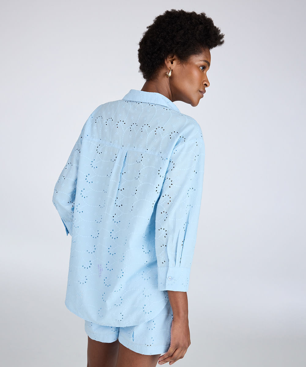 camisa feminina de laise manga longa azul