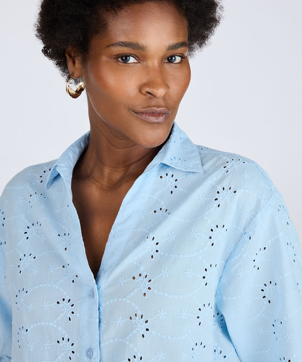 camisa feminina de laise manga longa azul