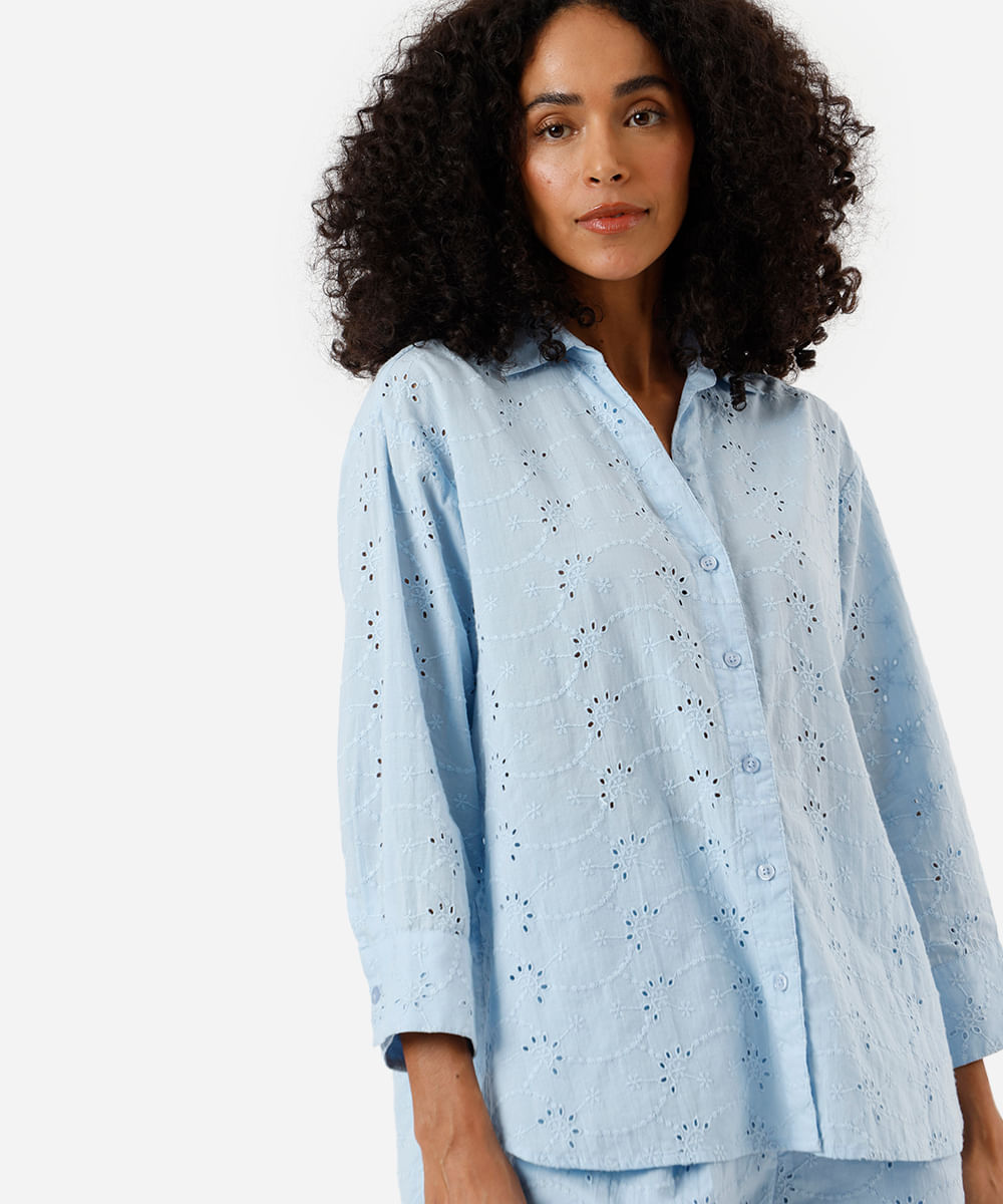 camisa feminina de laise manga longa azul