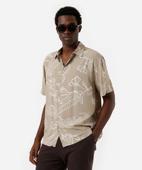 camisa masculina de viscose folhagens bege