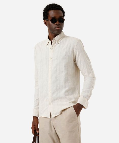camisa masculina com linho manga longa texturizada bege