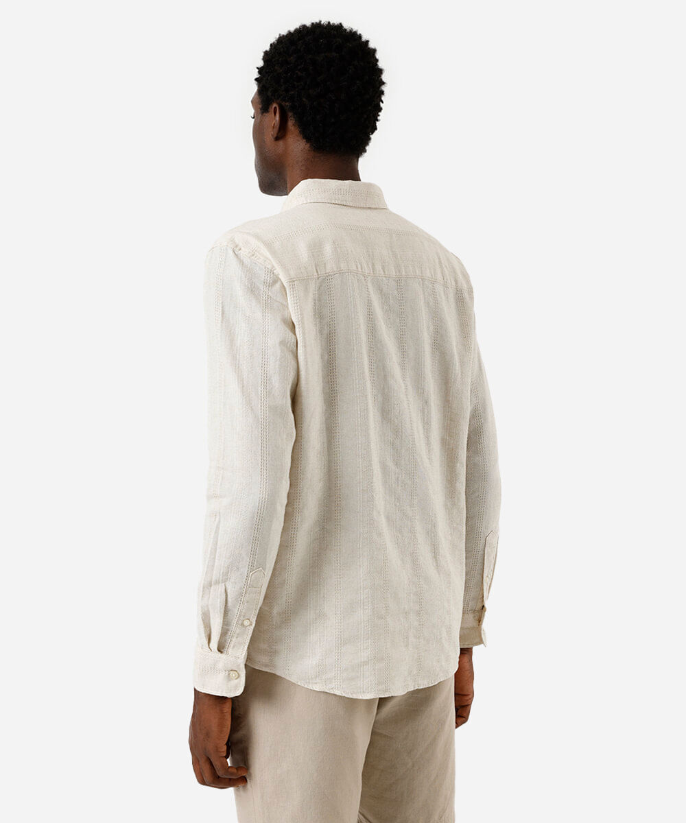 camisa masculina com linho manga longa texturizada bege