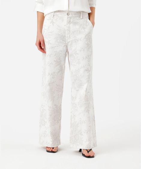 calça wide leg feminina de sarja floral off white