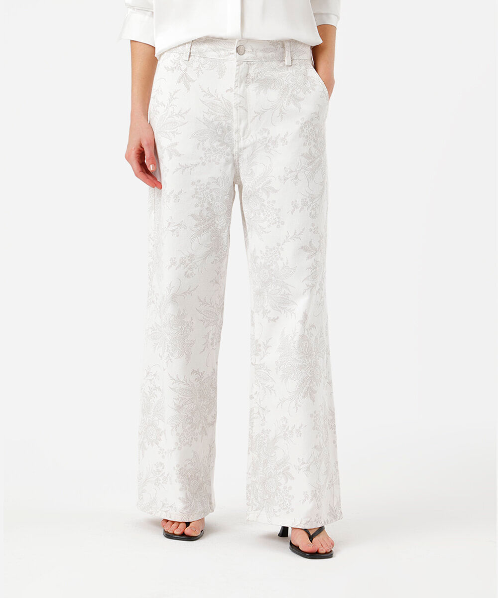 calça wide leg feminina de sarja floral off white