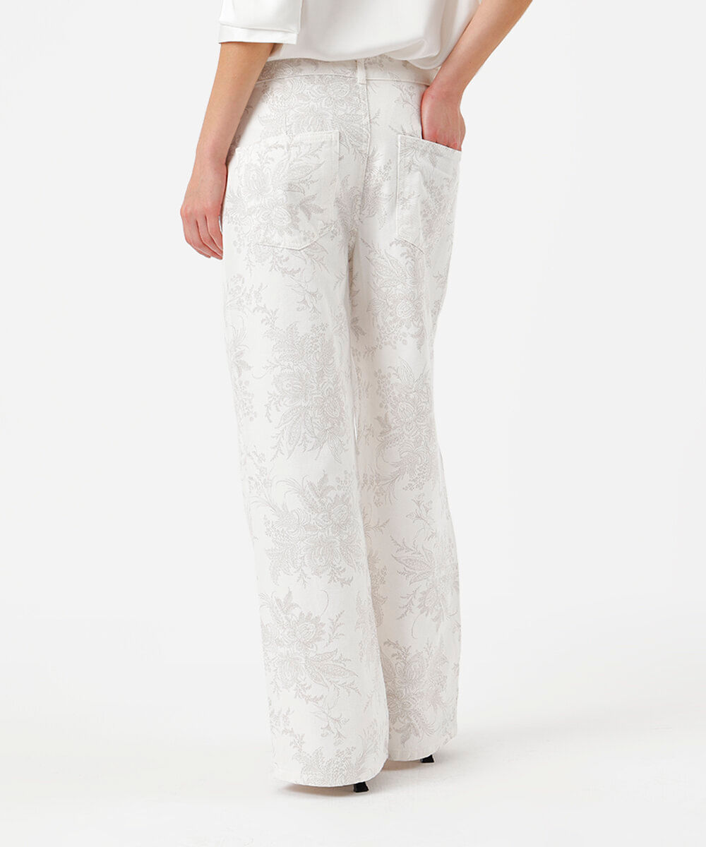 calça wide leg feminina de sarja floral off white