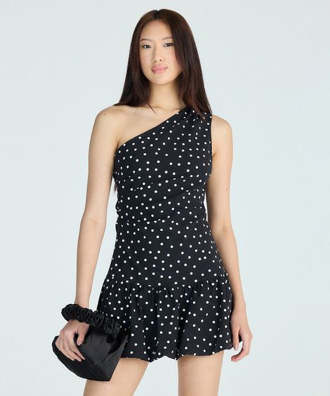 vestido balonê feminino ombro único poá preto