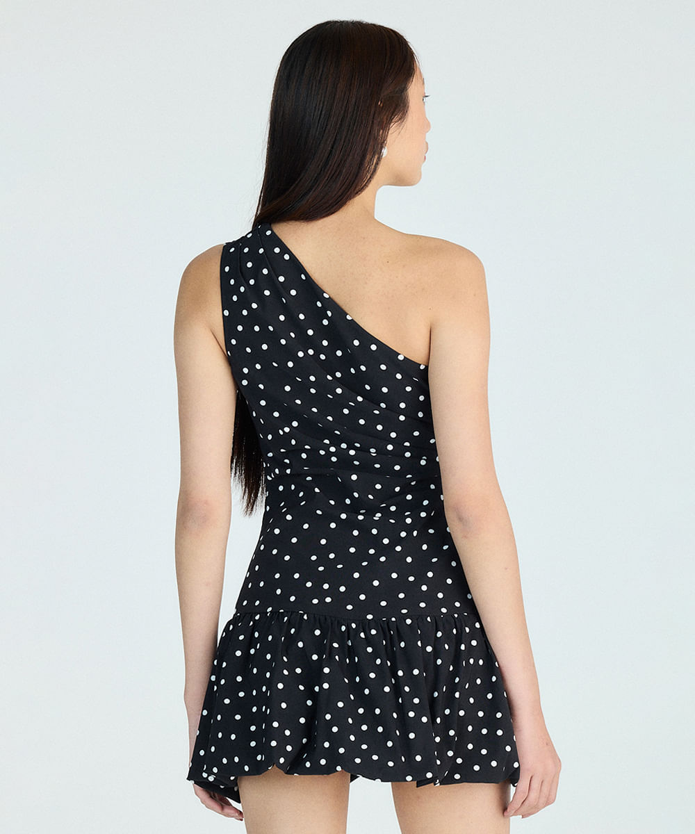 vestido balonê feminino ombro único poá preto