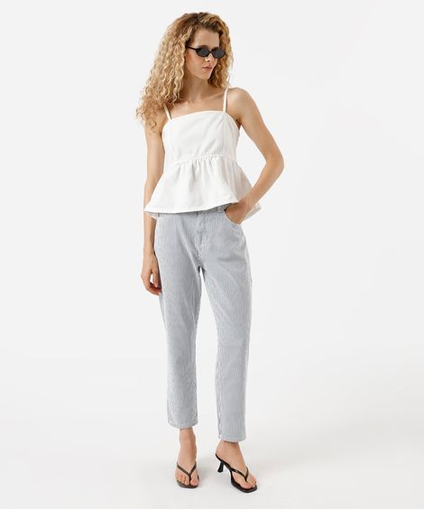 calça mom feminina de sarja listrada azul