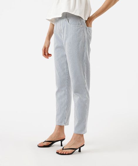 calça mom feminina de sarja listrada azul