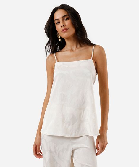 blusa alça fina feminina de jacquard floral acetinada off white