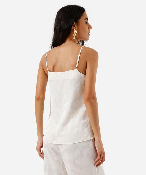 blusa alça fina feminina de jacquard floral acetinada off white