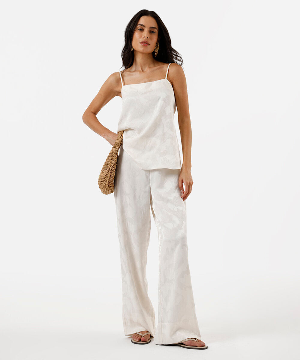 blusa alça fina feminina de jacquard floral acetinada off white