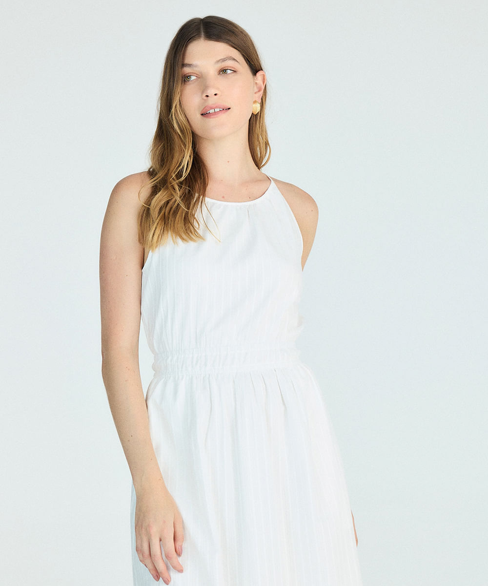 vestido halterneck feminino de algodão texturizado off white