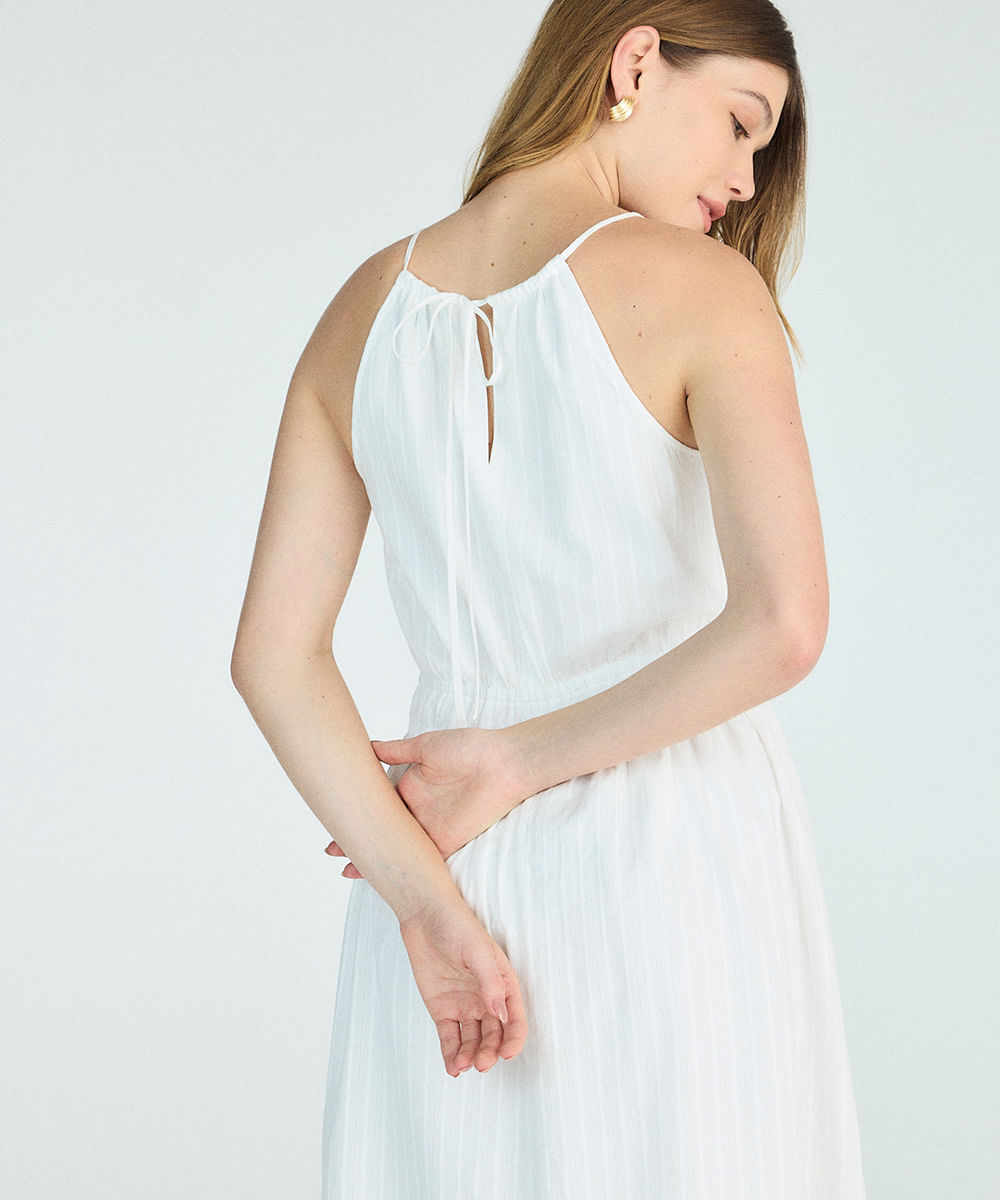vestido halterneck feminino de algodão texturizado off white