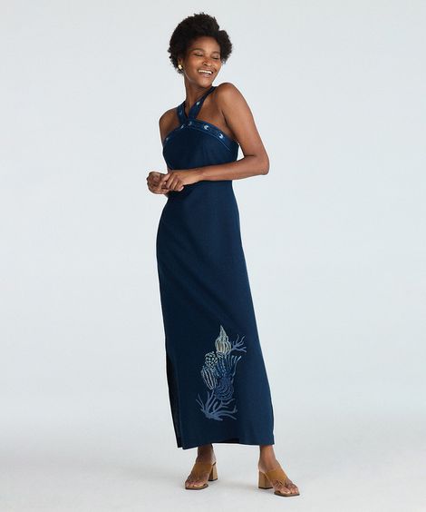 vestido halterneck feminino com linho e bordados azul