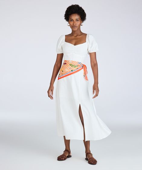 vestido midi feminino com linho decote coração manga bufante off white