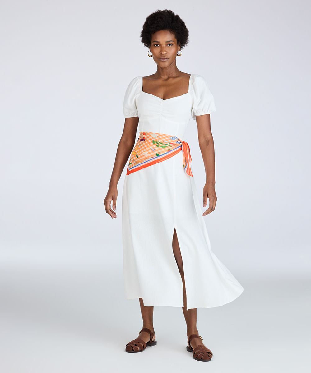 vestido midi feminino com linho decote coração manga bufante off white