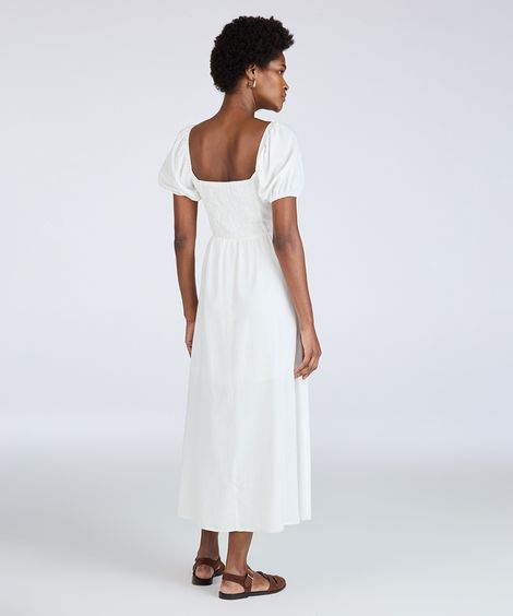 vestido midi feminino com linho decote coração manga bufante off white