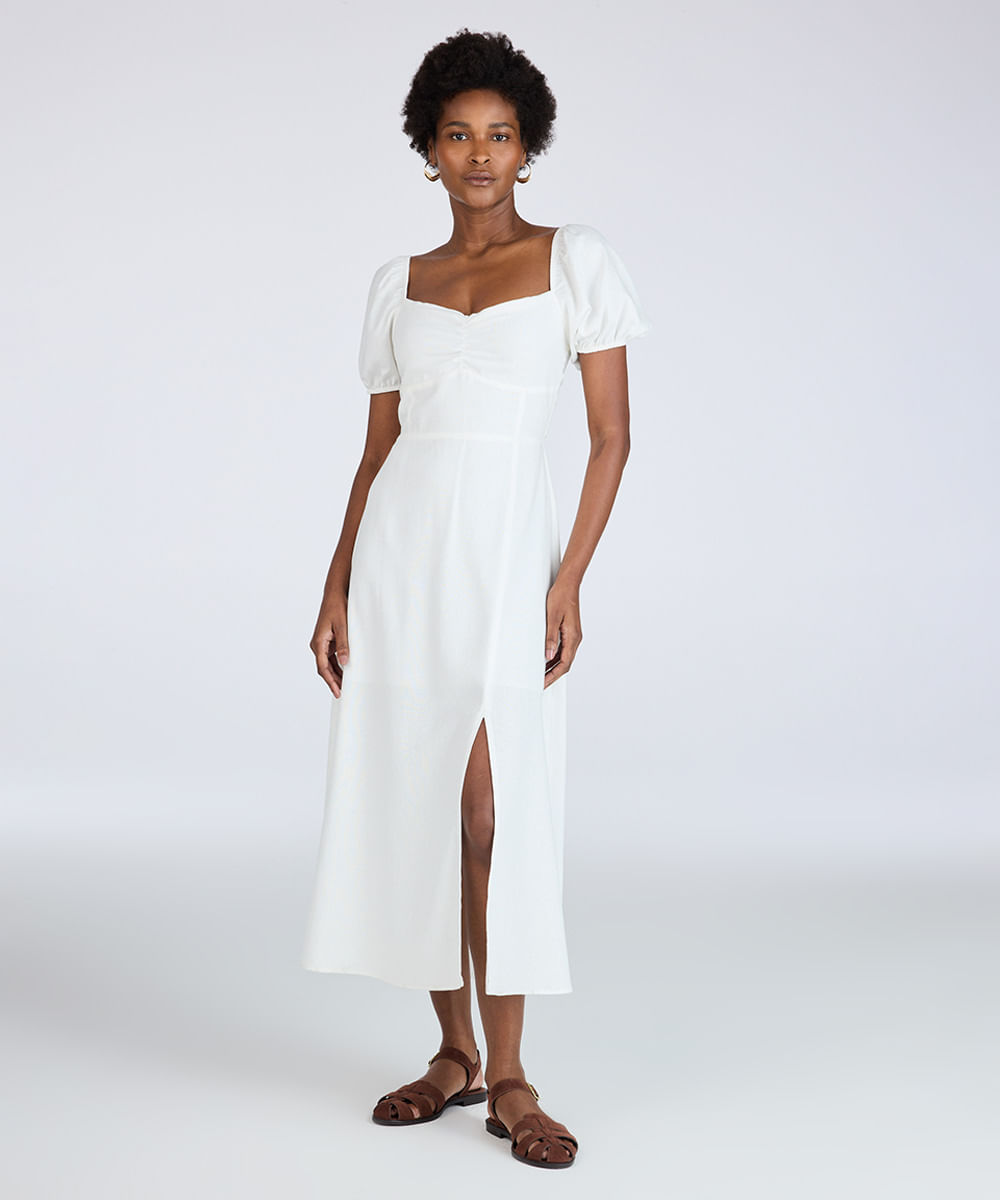vestido midi feminino com linho decote coração manga bufante off white