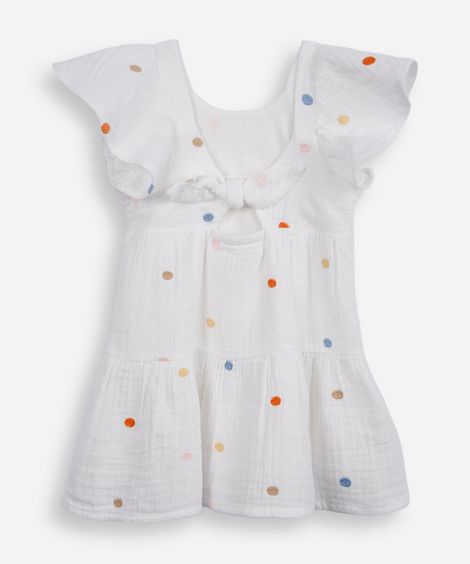 vestido infantil com algodão bordado poá off white