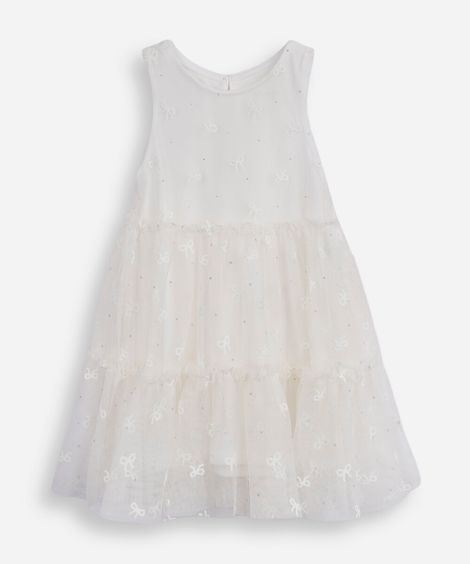 vestido infantil de tule com recortes e brilhos off white