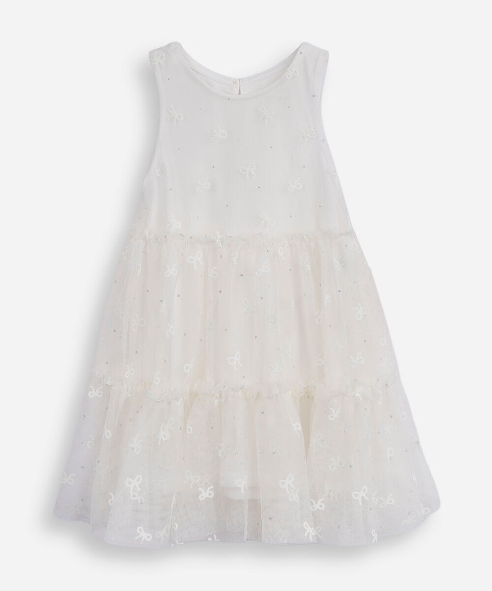 vestido infantil de tule com recortes e brilhos off white