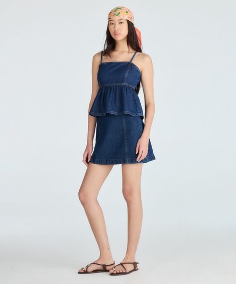 minissaia jeans evasê azul