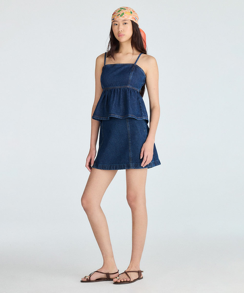 minissaia jeans evasê azul