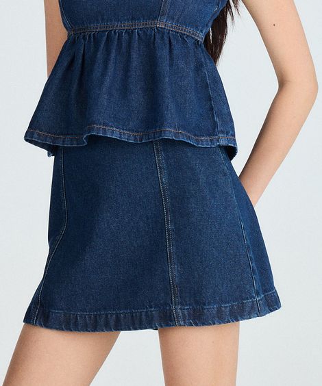 minissaia jeans evasê azul