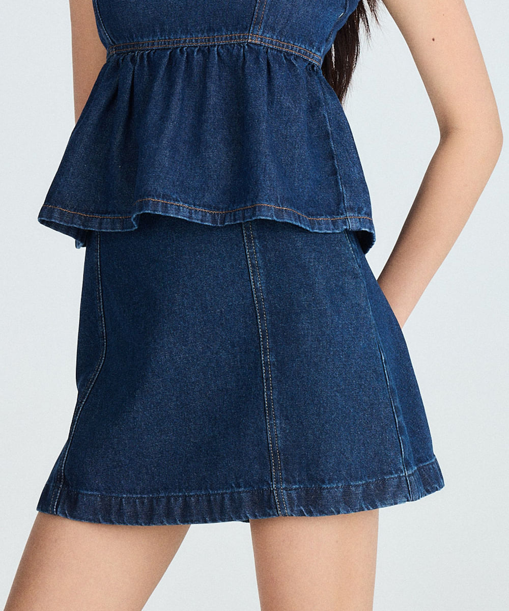 minissaia jeans evasê azul