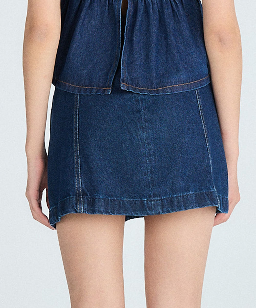 minissaia jeans evasê azul