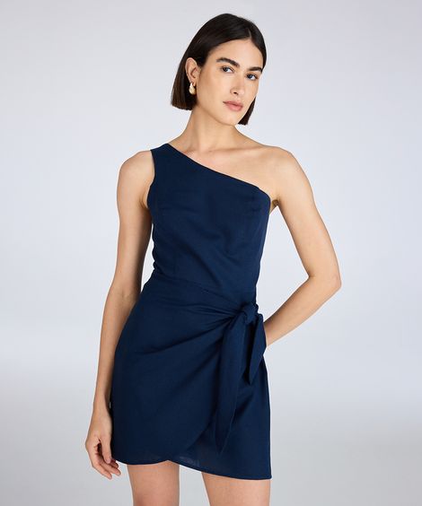 vestido curto feminino com linho ombro único azul