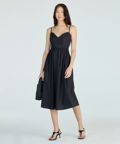 vestido midi alça fina feminino com algodão decote coração preto