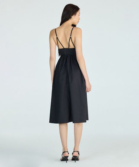 vestido midi alça fina feminino com algodão decote coração preto