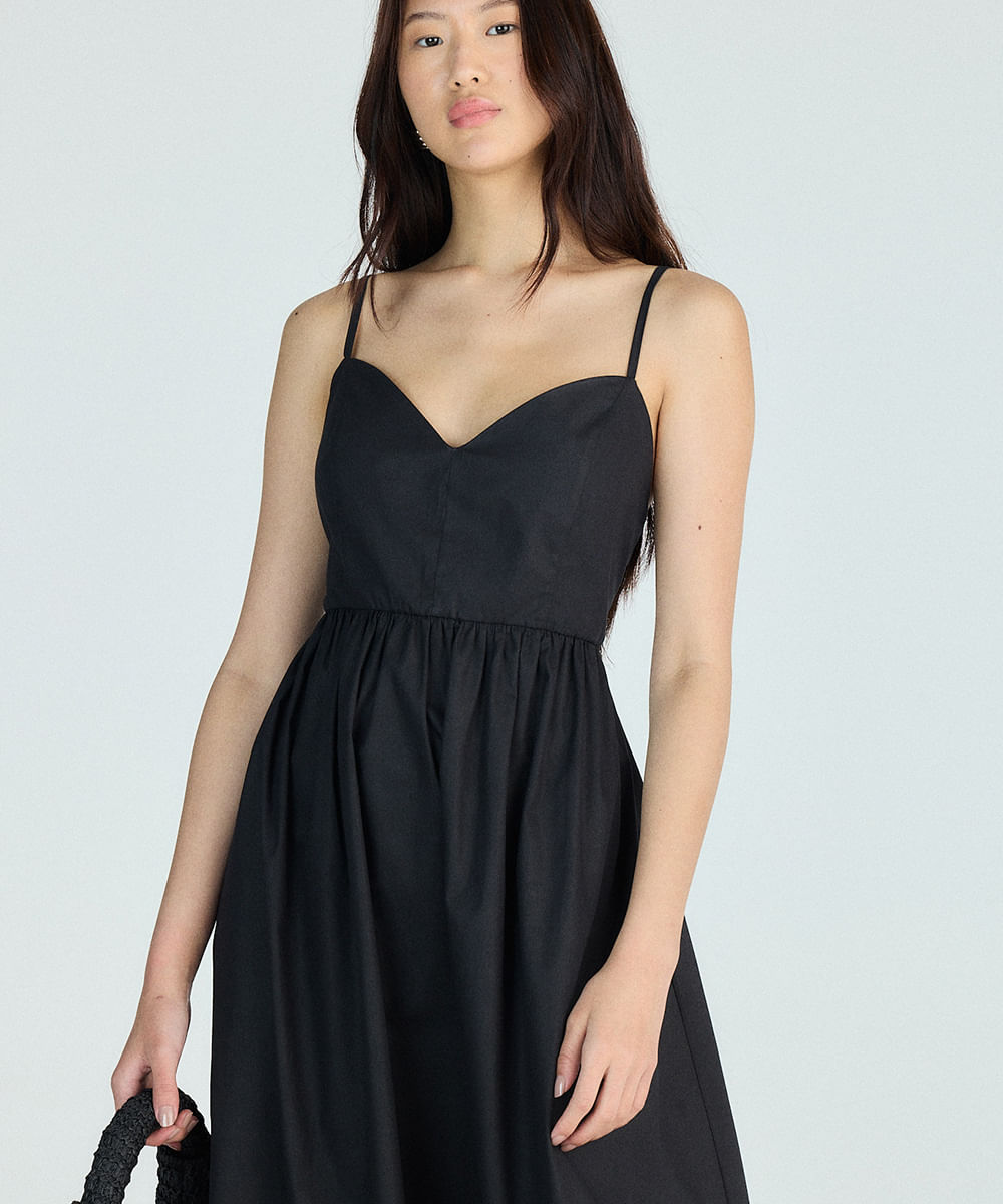 vestido midi alça fina feminino com algodão decote coração preto