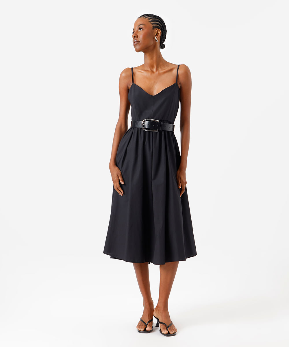 vestido midi alça fina feminino com algodão decote coração preto