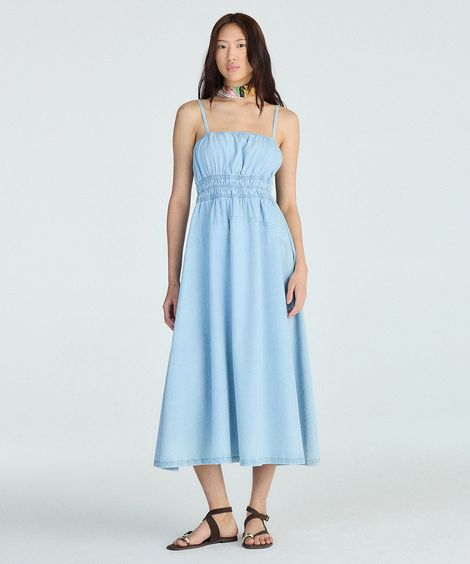 vestido midi feminino jeans alça fina azul