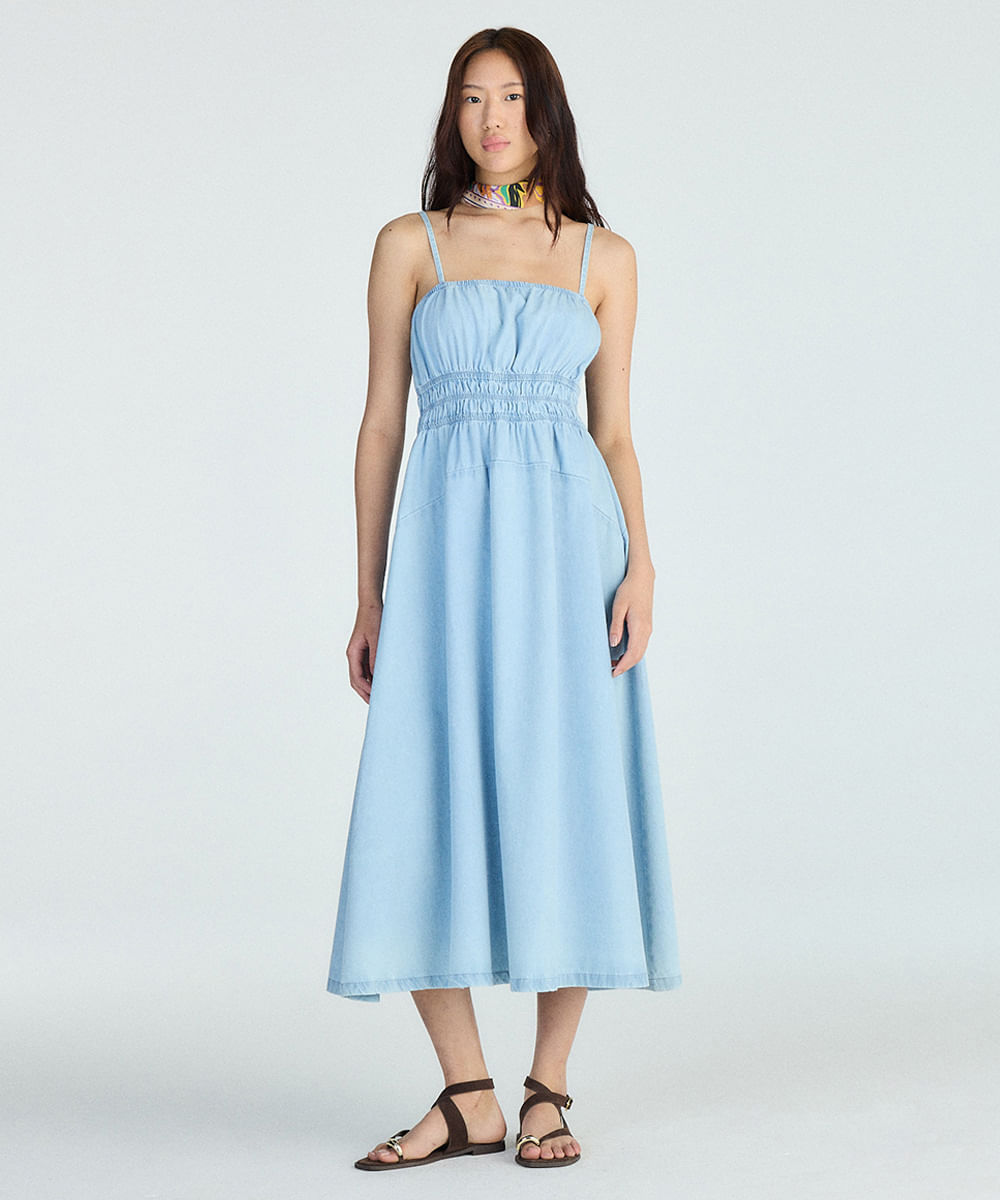 vestido midi feminino jeans alça fina azul