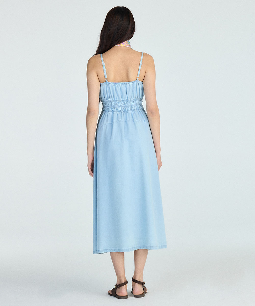 vestido midi feminino jeans alça fina azul