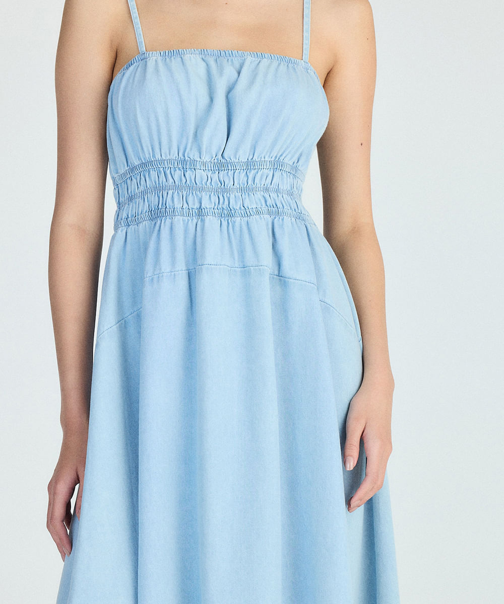 vestido midi feminino jeans alça fina azul